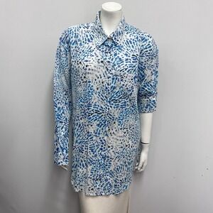 Kikisol‎ Shirt Top Print of Abstract Dots Bubbles White Blue Lilac White Size XL